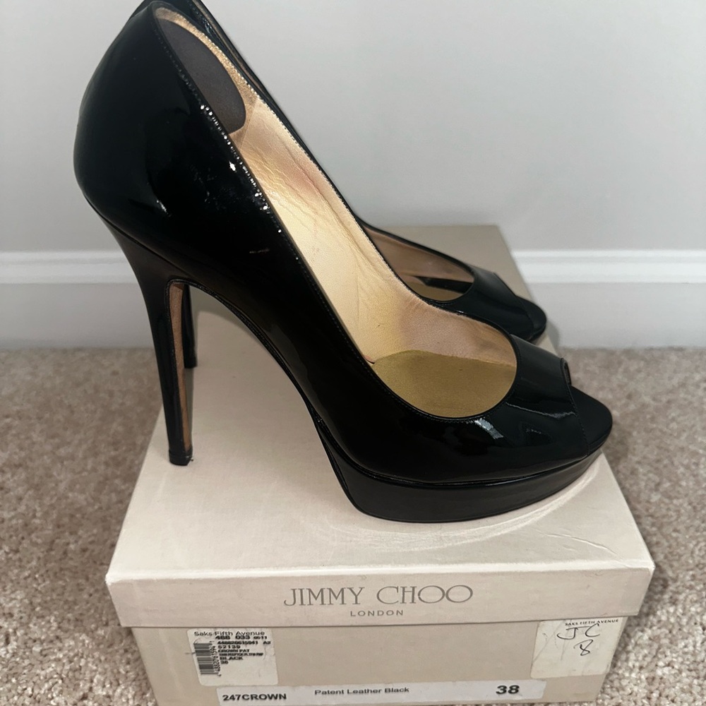 🖤🖤Timeless Jimmy Choo Crown Patent Peep Toe Pumps Size 38